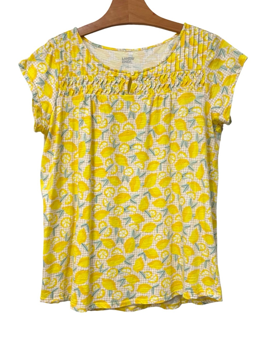 Lands' End Large 14/16 Smocked Knit Top Lemon Gingham Print